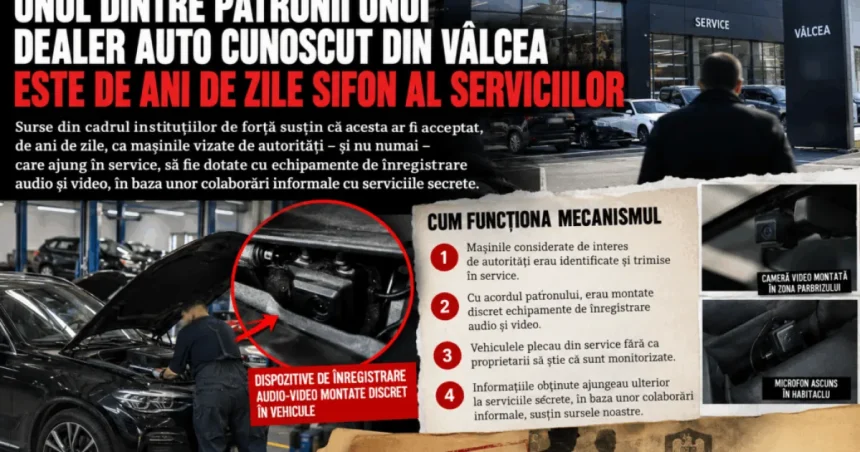 Dealer auto din Vâlcea, folosit la operațiuni discrete. Patronul, „sifonul” serviciilor
