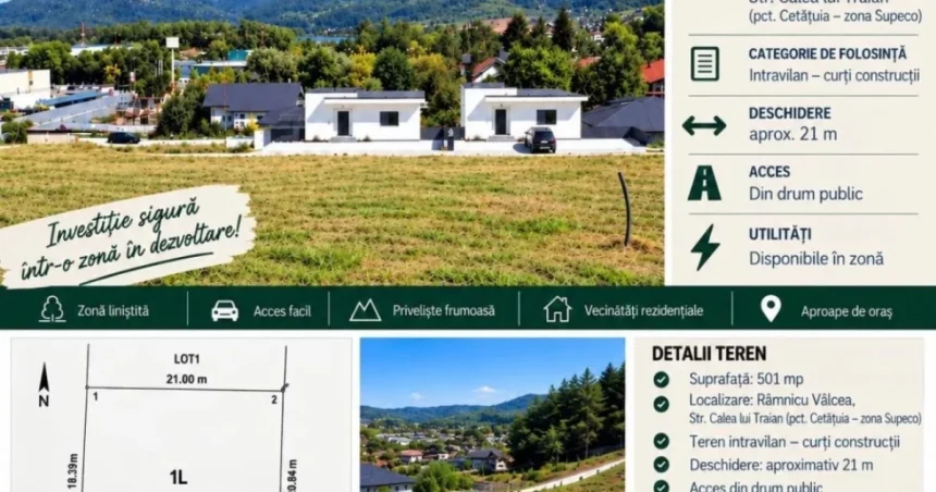 Teren de vânzare Râmnicu Vâlcea – Cetățuia: 501 mp, rezidențial, acces drum